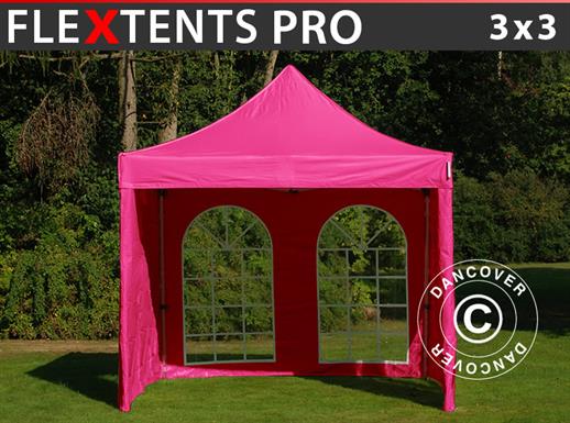 Tente pliante FleXtents PRO 3x3m Rose, avec 4 cotés