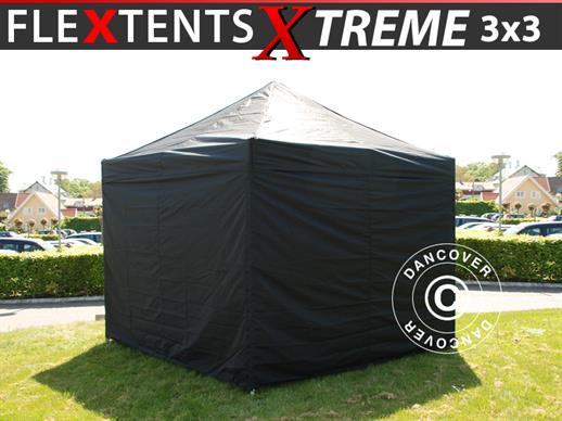 Faltzelt FleXtents Xtreme 60 3x3m Schwarz, mit 4 Seitenwänden