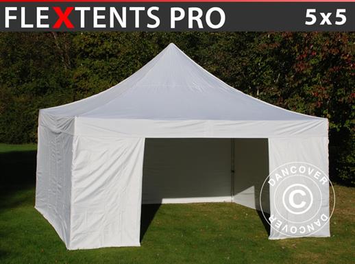 Faltzelt FleXtents PRO 5x5m Weiß, mit 4 Seitenwänden