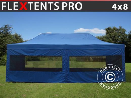 Faltzelt FleXtents PRO 4x8m Blau, mit 6 Seitenwänden