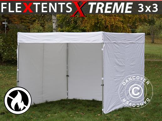 Brzo sklopivi paviljon FleXtents® Xtreme 50 Exhibition s bočnim stranicama, 3x3m, Bijela, Teško Zapaljivo