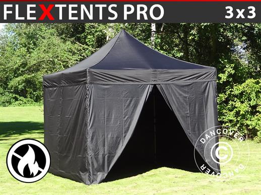 Prekybinė palapinė FleXtents PRO 3x3m Juoda, Liepsnai nepralaidus, įsk. 4 šonines sienas