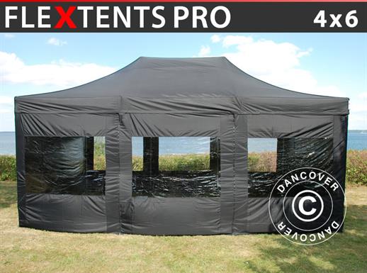 Faltzelt FleXtents PRO 4x6m Schwarz, mit 8 Seitenwänden