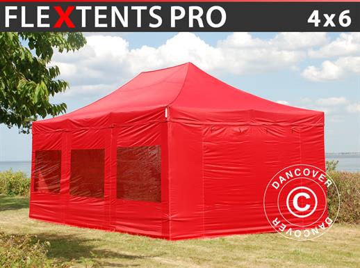 Faltzelt FleXtents PRO 4x6m Rot, mit 8 Seitenwänden