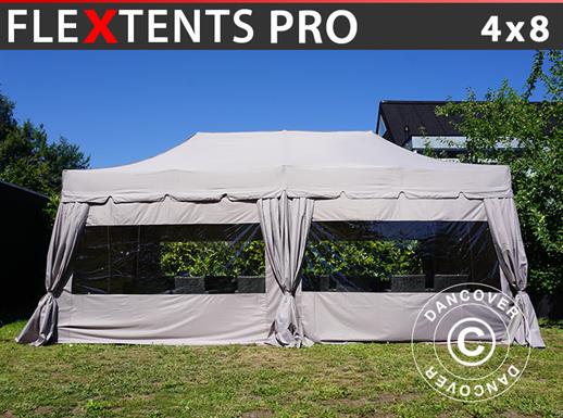 Tente pliante FleXtents PRO "Peaked" 4x8m Latte, incl. 6 parois latérales et 6 rideaux décoratifs