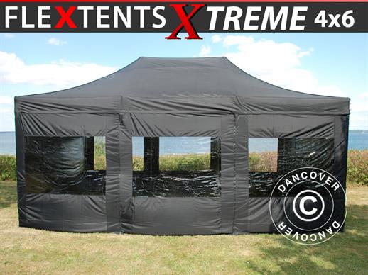 Vouwtent/Easy up tent FleXtent Xtreme 4x6m Zwart, inkl. 8 Zijwanden
