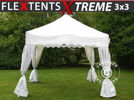 Prekybinė palapinė FleXtents Xtreme 50 "Wave" 3x3m Balta, įsk. 4 dekoratyvinėmis užuolaidomis