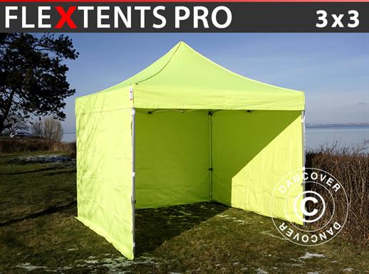 Saliekamā nojume FleXtents PRO 3x3m Neona dzeltens/zaļš, ar 4 sānu sienām