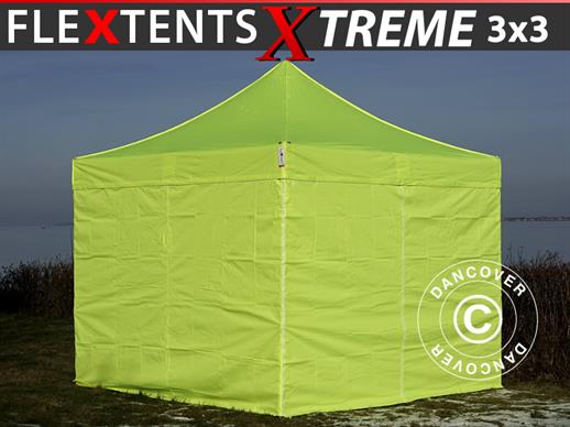 Brzo sklopivi paviljon FleXtents Xtreme 50 3x3m Neon žuta/zelena, uključ. 4 bočne stranice