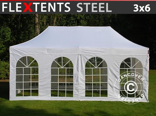 Namiot dla odwiedzających FleXtents Steel 3x6m biały, w tym 4 ścian bocznych i 1 przezroczysta ściana działowa