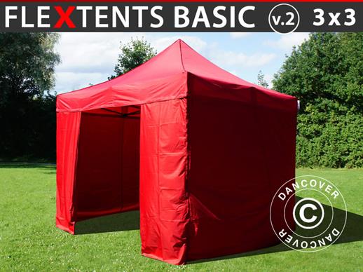 Vouwtent/Easy up tent FleXtents Basic v.2, 3x3m Rood, inkl. 4 Zijwanden