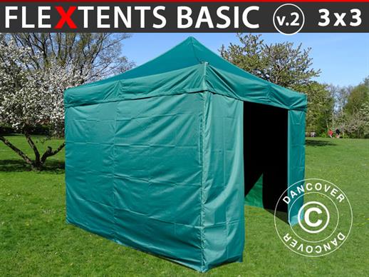 Vouwtent/Easy up tent FleXtents Basic v.2, 3x3m Groen, inkl. 4 Zijwanden