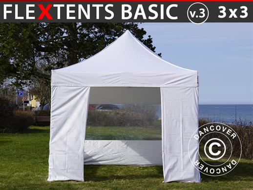 Gazebo pieghevole FleXtents Basic v.3, 3x3m Bianco, inclusi 4 fianchi