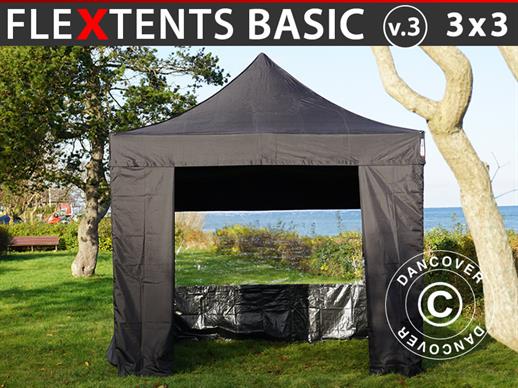 Faltzelt FleXtents Basic v.3, 3x3m Schwarz, mit 4 Seitenwänden