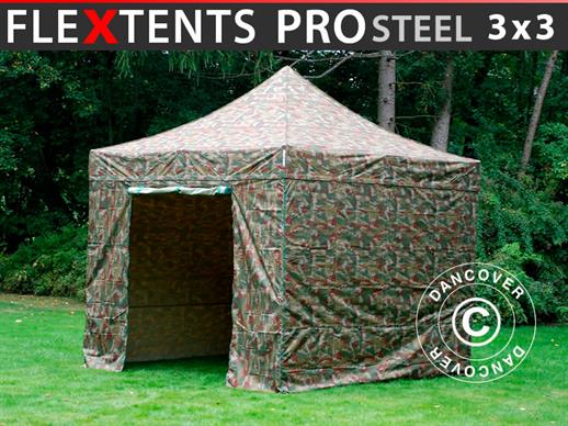 Vouwtent/Easy up tent FleXtents PRO Steel 3x3m Camouflage/Militair, inkl. 4 Zijwanden