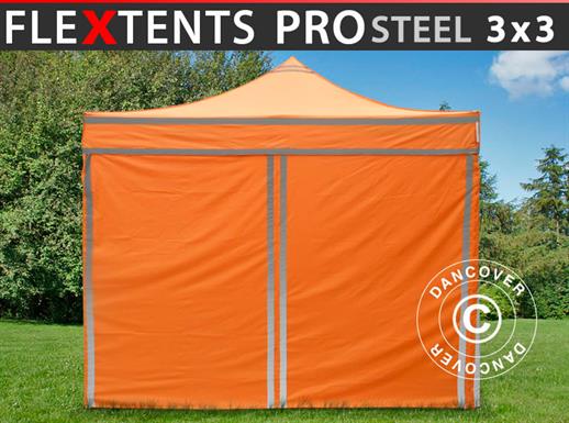 Tenda Dobrável FleXtents PRO Steel, Tenda de trabalho 3x3m Laranja Refletiva, incl. 4 paredes laterais