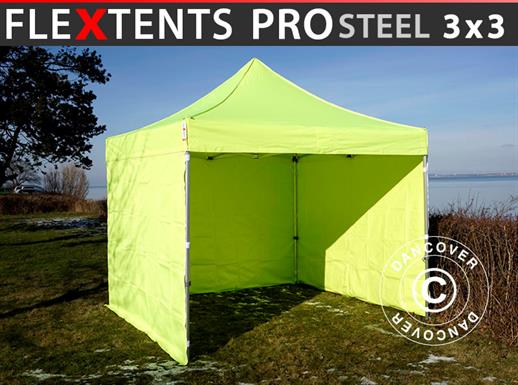 Brzo sklopivi paviljon FleXtents PRO Steel 3x3m Neon žuta/zelena, uključ. 4 bočne stranice
