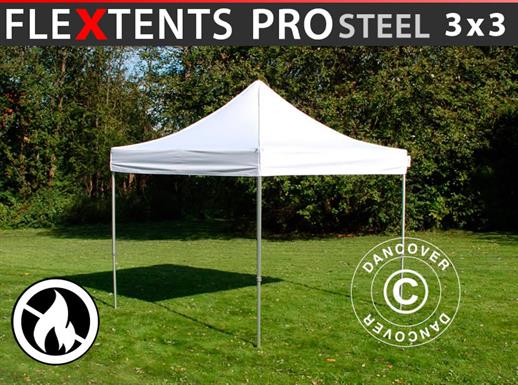 Saliekamā nojume FleXtents PRO Steel 3x3m Balts, Liesmu slāpējošs