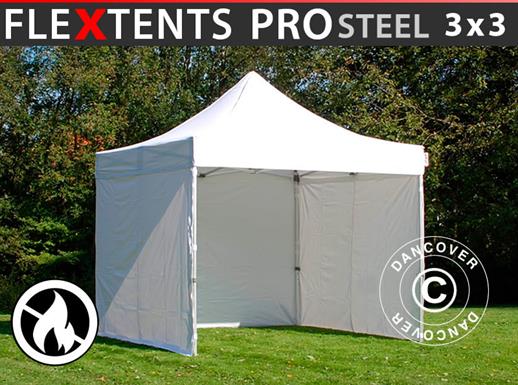 Faltzelt FleXtents PRO Steel 3x3m Weiß, Flammenhemmend, mit 4 Seitenwänden