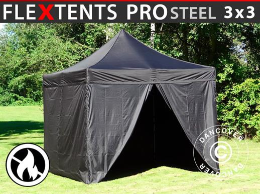 Faltzelt FleXtents PRO Steel 3x3m Schwarz, Flammenhemmend, mit 4 Seitenwänden