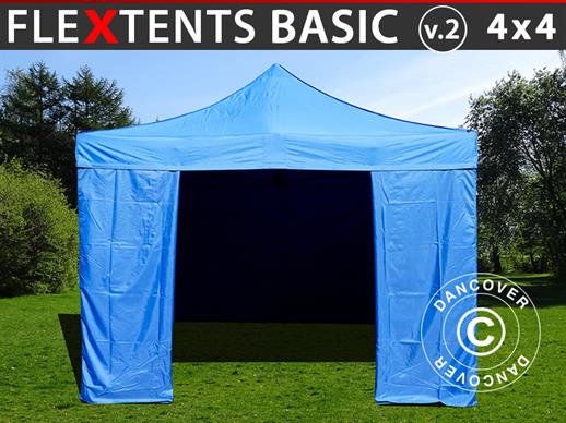Vouwtent/Easy up tent FleXtents Basic v.2, 4x4m Blauw, inkl. 4 zijwanden