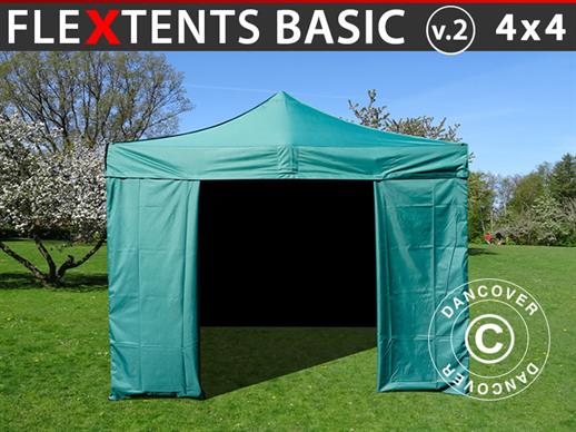 Vouwtent/Easy up tent FleXtents Basic v.2, 4x4m Groen, inkl. 4 Zijwanden