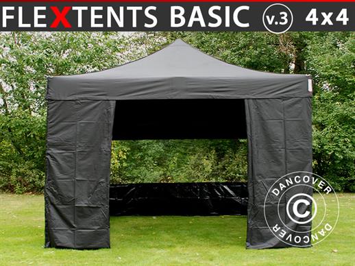 Tente pliante FleXtents Basic v.3, 4x4m Noir, avec 4 cotés