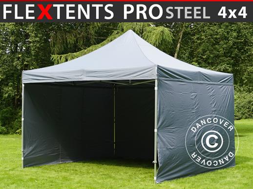 Gazebo pieghevole FleXtents PRO Steel 4x4m Grigio, inclusi 4 fianchi