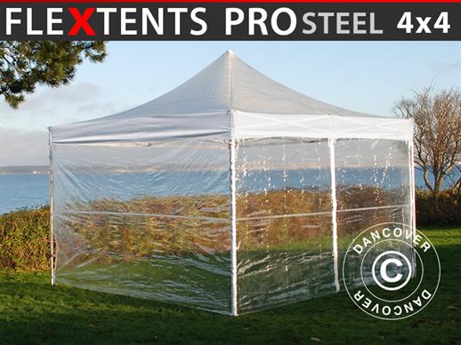 Foldetelt FleXtents PRO Steel 4x4m Transparent, inkl. 4 sider