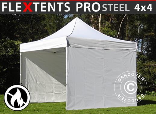 Carpa plegable FleXtents PRO Steel 4x4m Blanco, Ignífuga, Incl. 4 lados