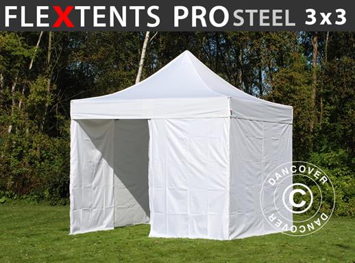 Gazebo pieghevole FleXtents PRO Steel 3x3m Bianco, inclusi 4 fianchi