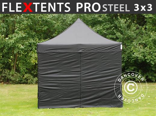 Faltzelt FleXtents PRO Steel 3x3m Schwarz, mit 4 Seitenwänden