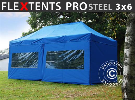 Faltzelt FleXtents PRO Steel 3x6m Blau, mit 6 Seitenwänden