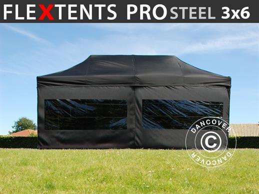 Tente pliante FleXtents PRO Steel 3x6m Noir, avec 6 cotés