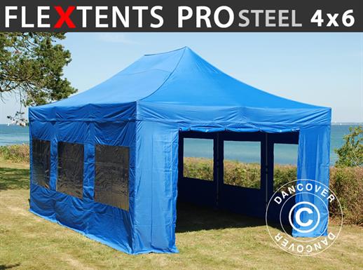 Snabbtält FleXtents PRO Steel 4x6m Blå, inkl. 8 sidor