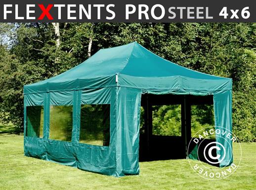 Prekybinė palapinė FleXtents PRO Steel 4x6m Zaļš, įsk. 8 šonines sienas