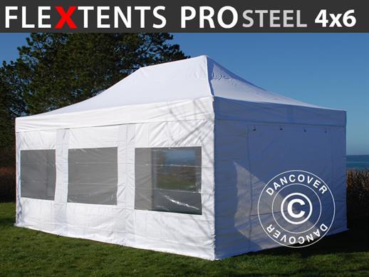 Prekybinė palapinė FleXtents PRO Steel 4x6m Balta, įsk. 8 šonines sienas