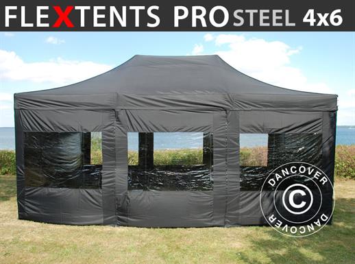 Saliekamā nojume FleXtents PRO Steel 4x6m Melns, ar 8 sānu sienām