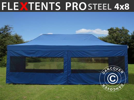 Faltzelt FleXtents PRO Steel 4x8m Blau, mit 6 Seitenwänden