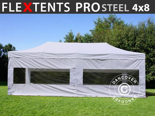 Faltzelt FleXtents PRO Steel 4x8m Weiß, mit 6 Seitenwänden