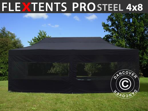 Faltzelt FleXtents PRO Steel 4x8m Schwarz, mit 6 Seitenwänden