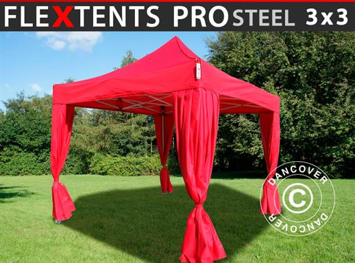 Foldetelt FleXtents PRO Steel 3x3m Rød, inkl. 4 pyntegardiner