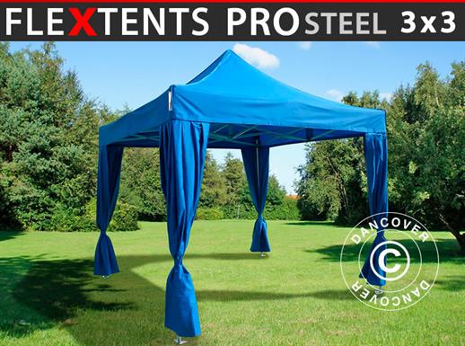 Prekybinė palapinė FleXtents PRO Steel 3x3m Mėlyna, įsk. 4 dekoratyvinėmis užuolaidomis