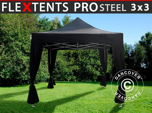 Pop up aiatelk FleXtents PRO Steel 3x3m Must, kaasas dekoratiivse kardinaga