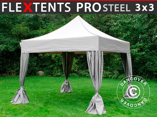 Gazebo pieghevole FleXtents PRO Steel 3x3m Latte, incl. 4 tendaggi decorativi