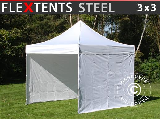 Saliekamā nojume FleXtents Steel 3x3m Balts, ar 4 sānu sienām