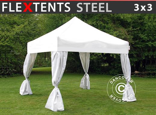 Gazebo pieghevole FleXtents Steel 3x3m Bianco, incl. 4 tendaggi decorativi