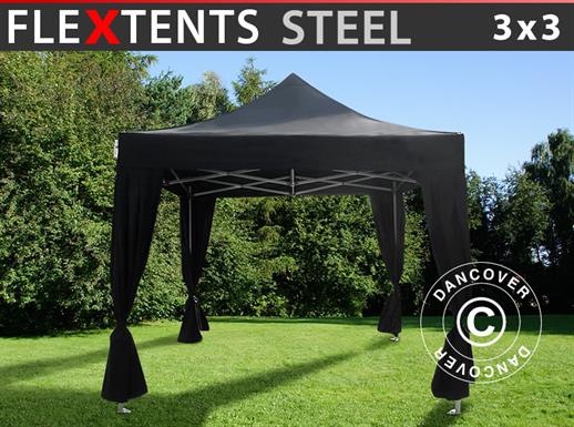 Faltzelt FleXtents Steel 3x3m Schwarz, mit 4 Gardinen