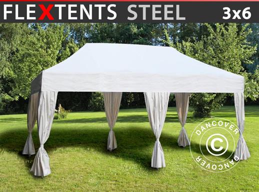 Prekybinė palapinė FleXtents Steel 3x6m Balta, įsk. 6 dekoratyvinėmis užuolaidomis