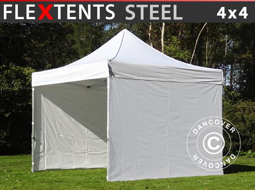 Tente pliante FleXtents Steel 4x4m Blanc, avec 4 cotés